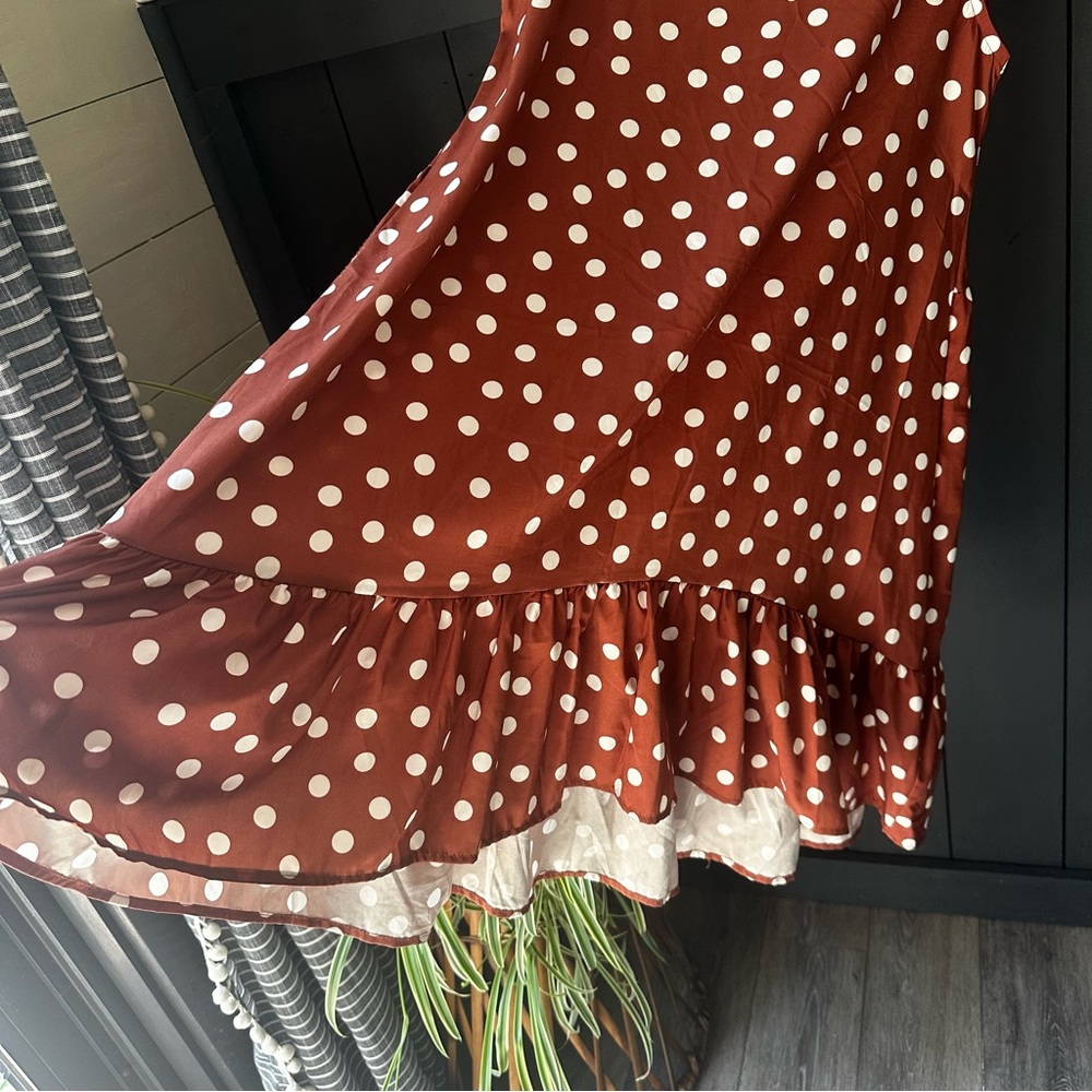 Brown White Polka Dot Sleeveless Ruffle Tier Flowy Lightweight Dress sz S‎ - Picture 7 of 11